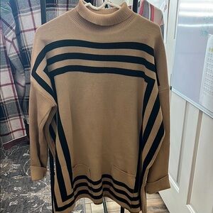 Tan and Black Striped Turtleneck Sweater